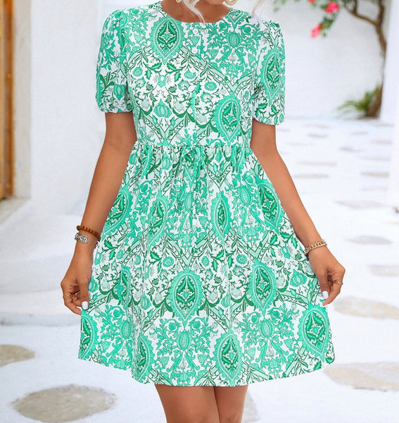 Printed Round Neck Puff Sleeve Mini Dress