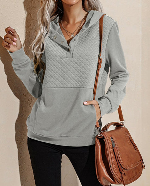 Quilted Patchwork  Button Sweatshirt Hoodie