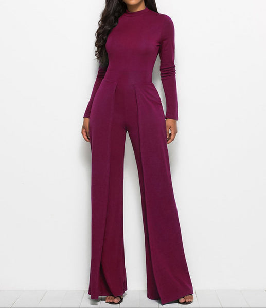 Long Sleeve Mock Neck Wide Leg Jumpsuit