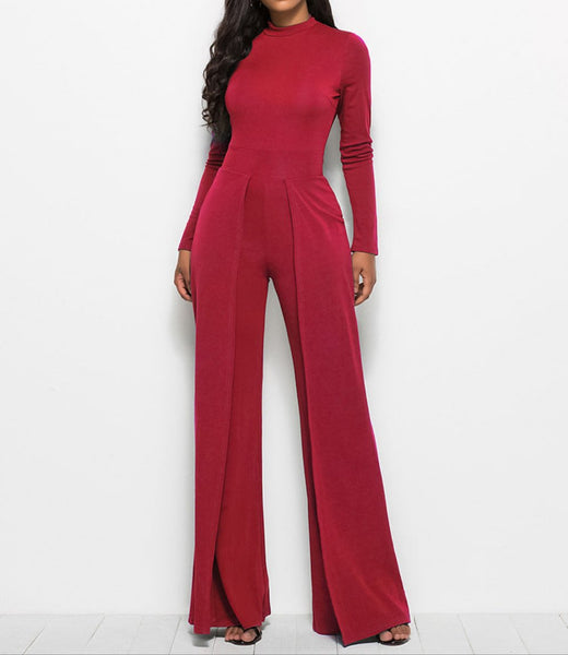 Long Sleeve Mock Neck Wide Leg Jumpsuit