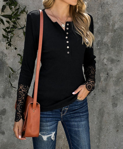 Crochet Lace Hem Sleeve Button Top