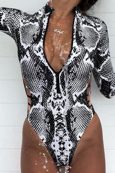 Animal Print Zipper Cut-Out Long sleeve One Piece