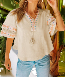 Bohemian Tassel Half Puff Sleeve Top