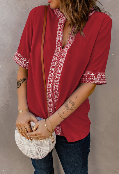 Embroidered V-Neck Top