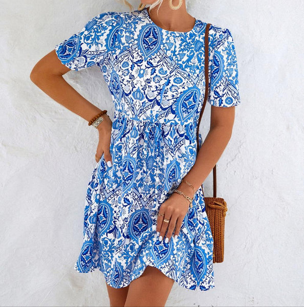 Printed Round Neck Puff Sleeve Mini Dress