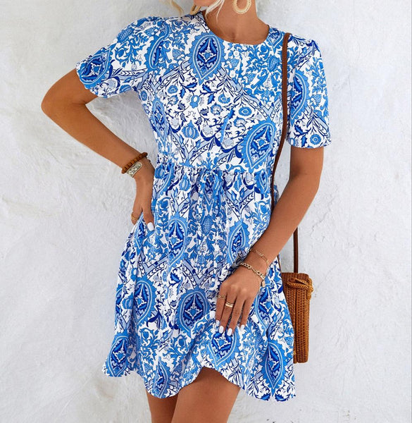 Printed Round Neck Puff Sleeve Mini Dress