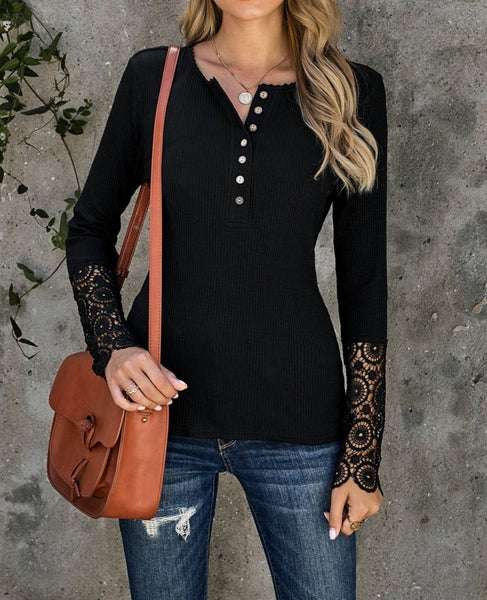 Crochet Lace Hem Sleeve Button Top